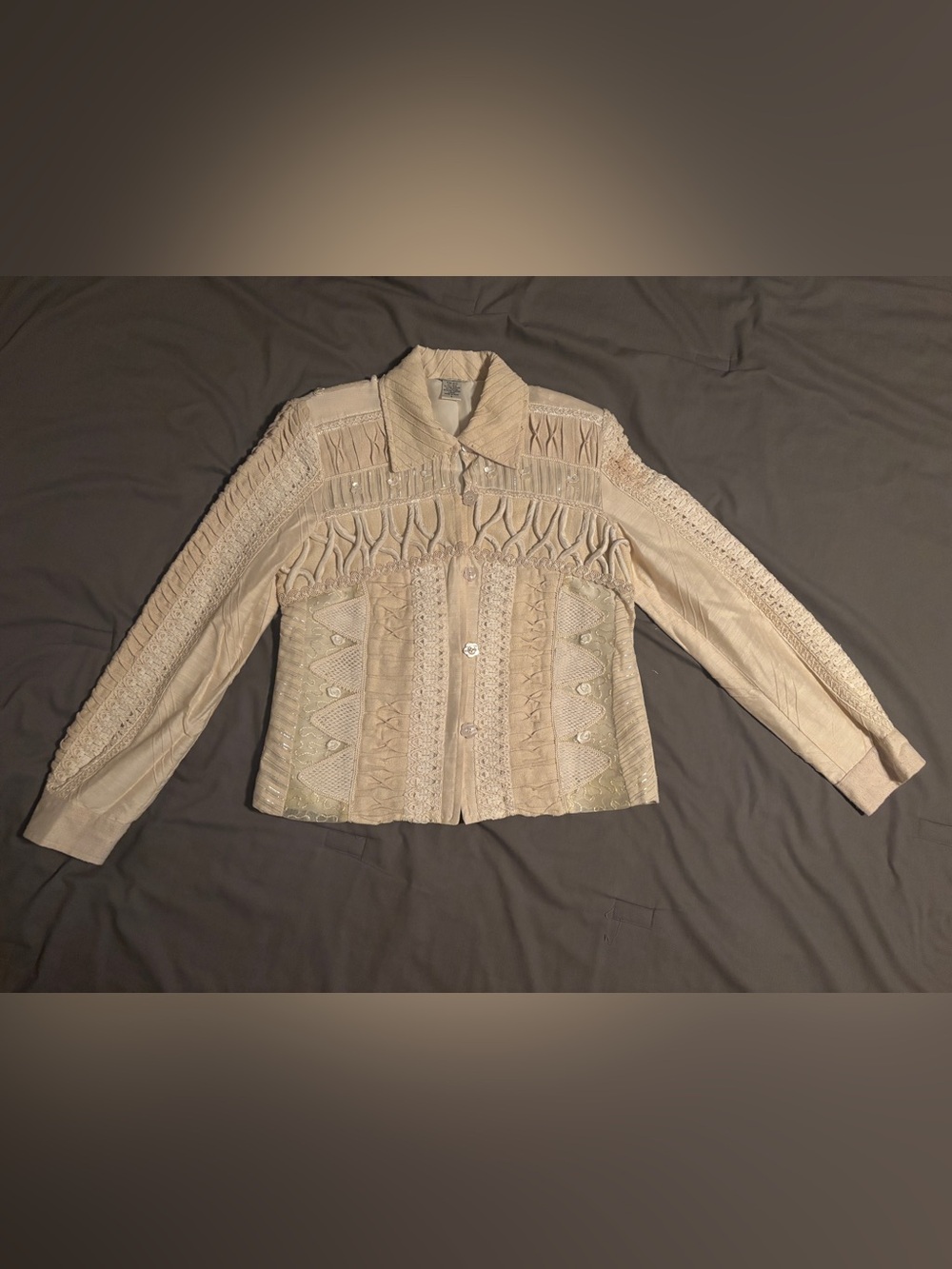 Vintage Sandy Starkman Silk Blend Jacket S Ivory Lace Embellished Art to Wear